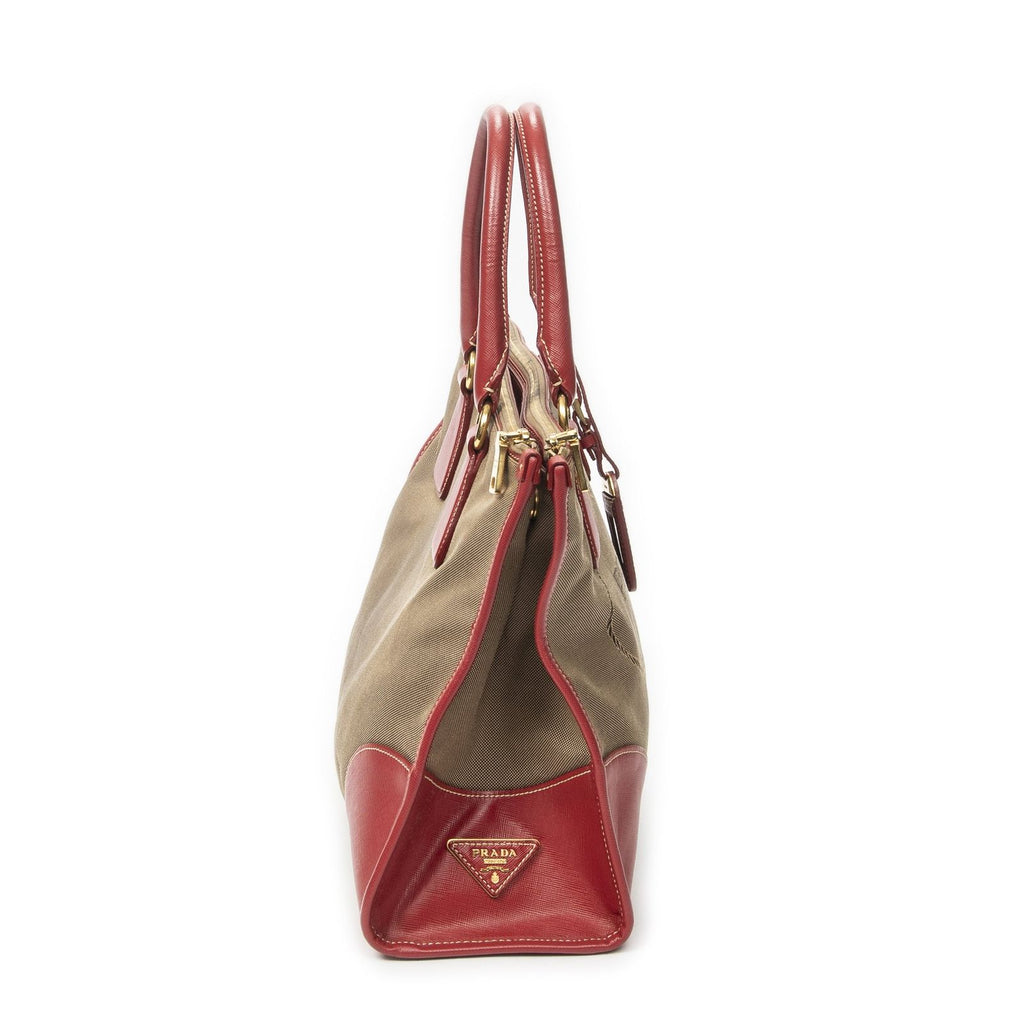 Prada Medium Jacquard Tote Beige Red Canvas — view 4