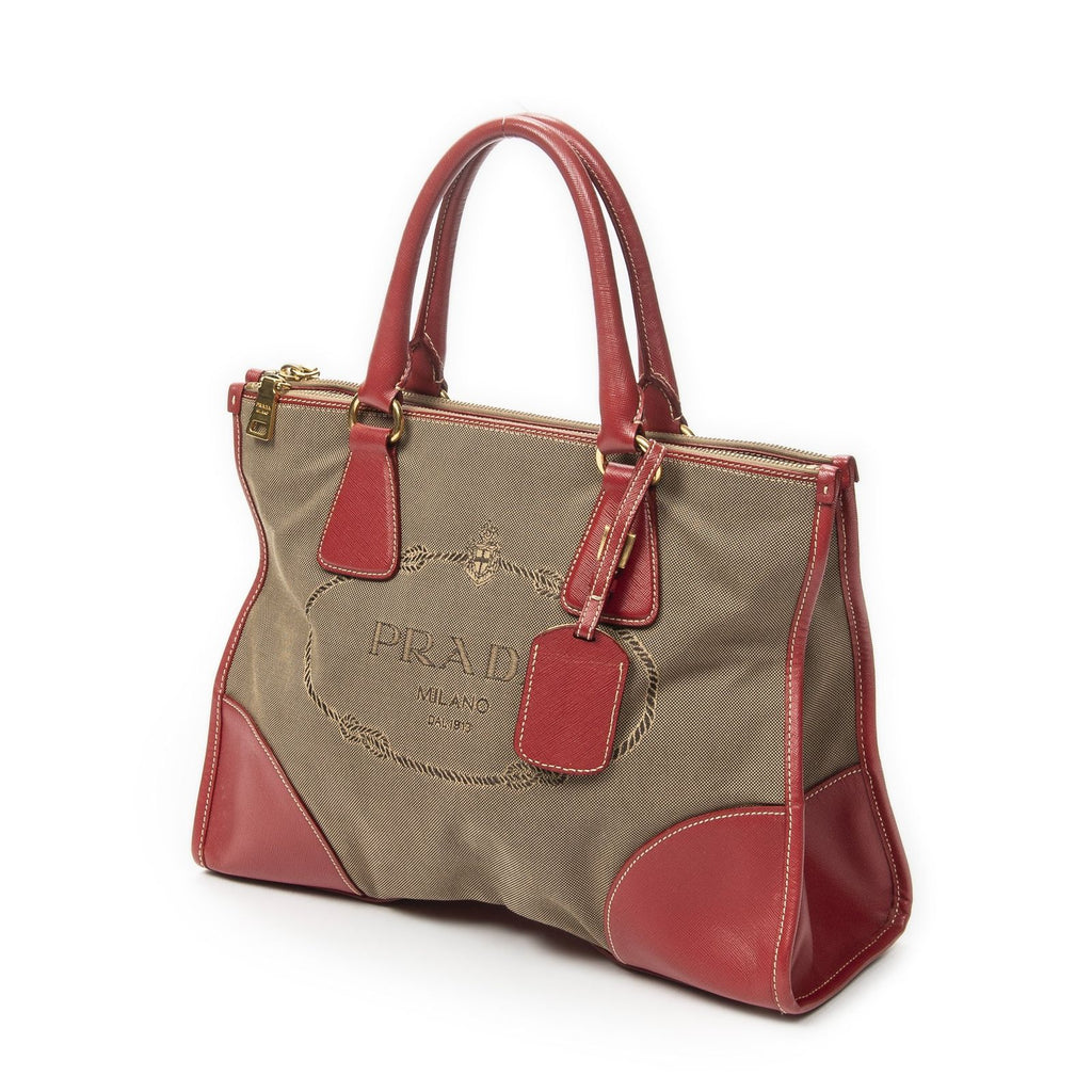 Prada Medium Jacquard Tote Beige Red Canvas — view 2