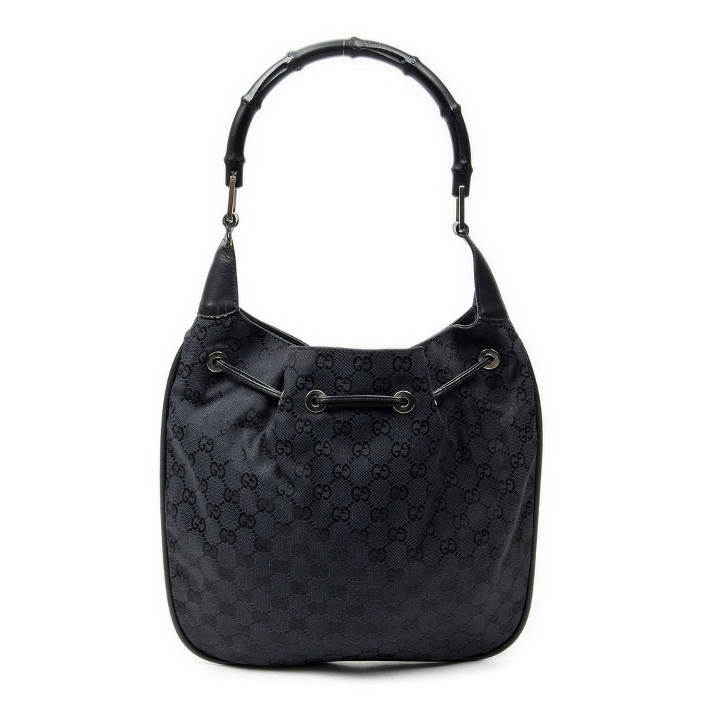 Gucci Bamboo Drawstring Tote Black GG Canvas — view 5
