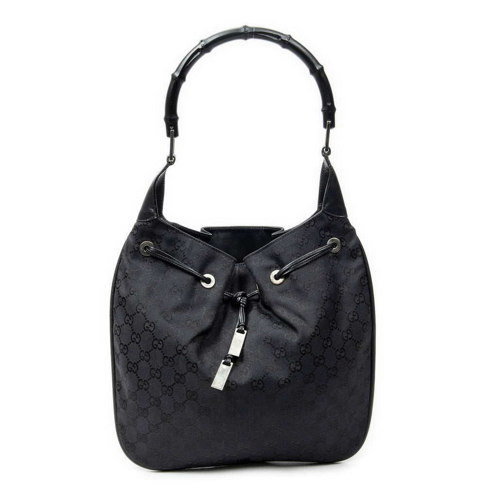 Gucci Bamboo Drawstring Tote Black GG Canvas