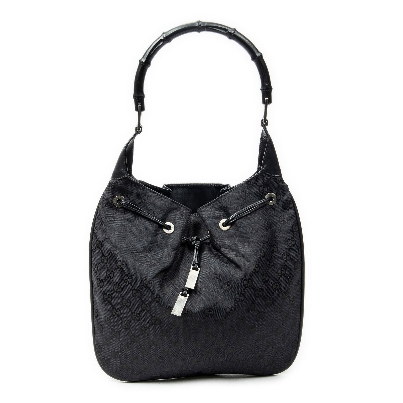 Gucci Bamboo Drawstring Tote Black GG Canvas