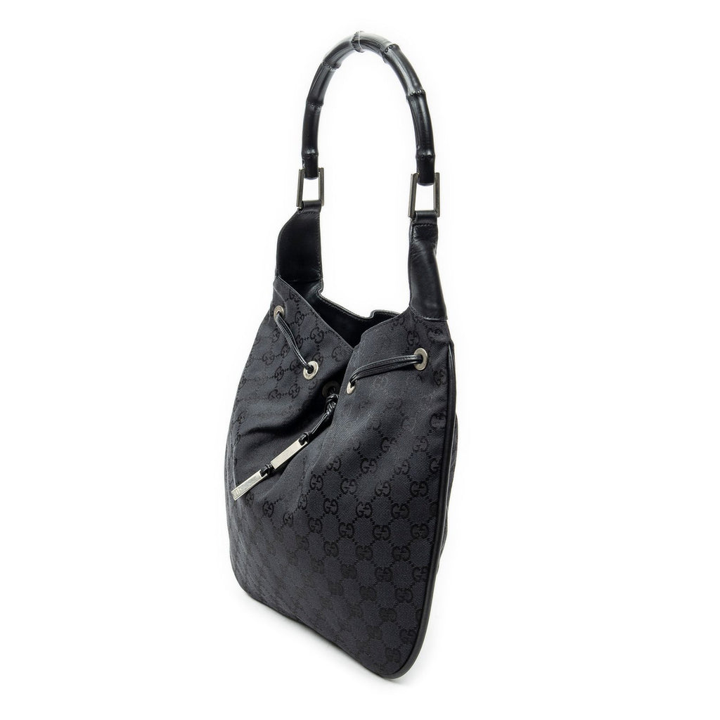 Gucci Bamboo Drawstring Tote Black GG Canvas — view 2