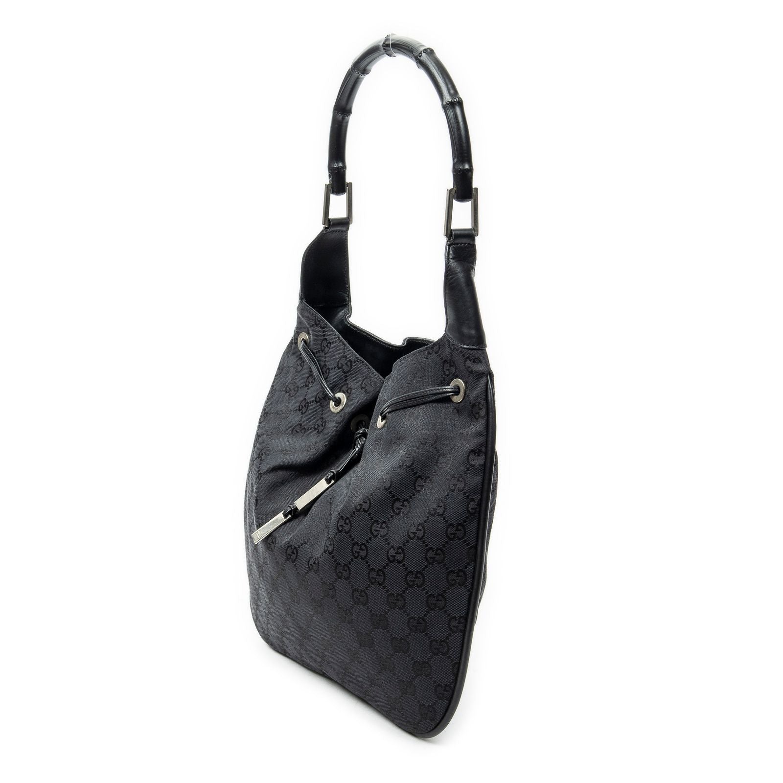 Gucci Bamboo Drawstring Tote Black GG Canvas — view 2