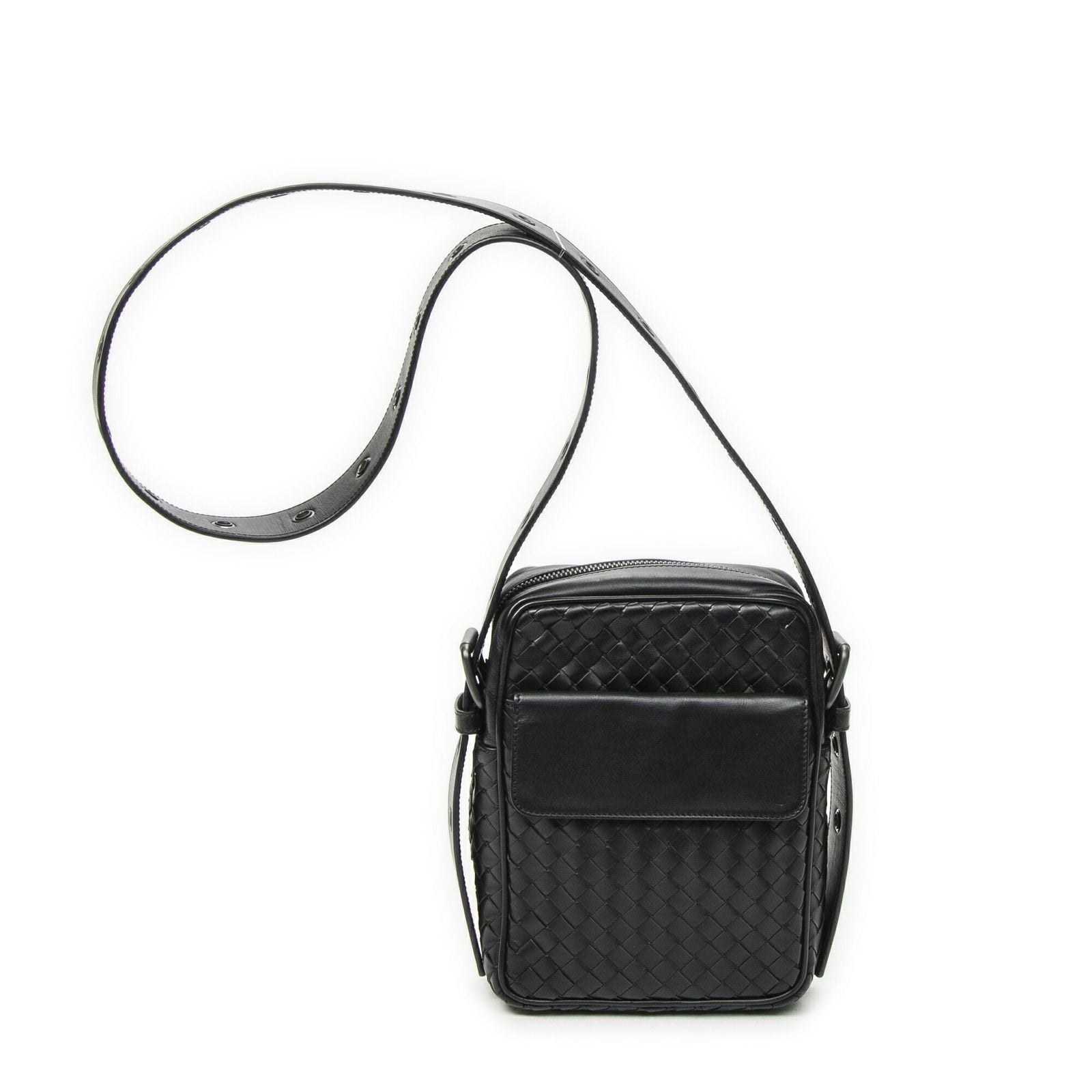 Bottega Veneta Front Pocket Crossbody Black Intrecciato Leather