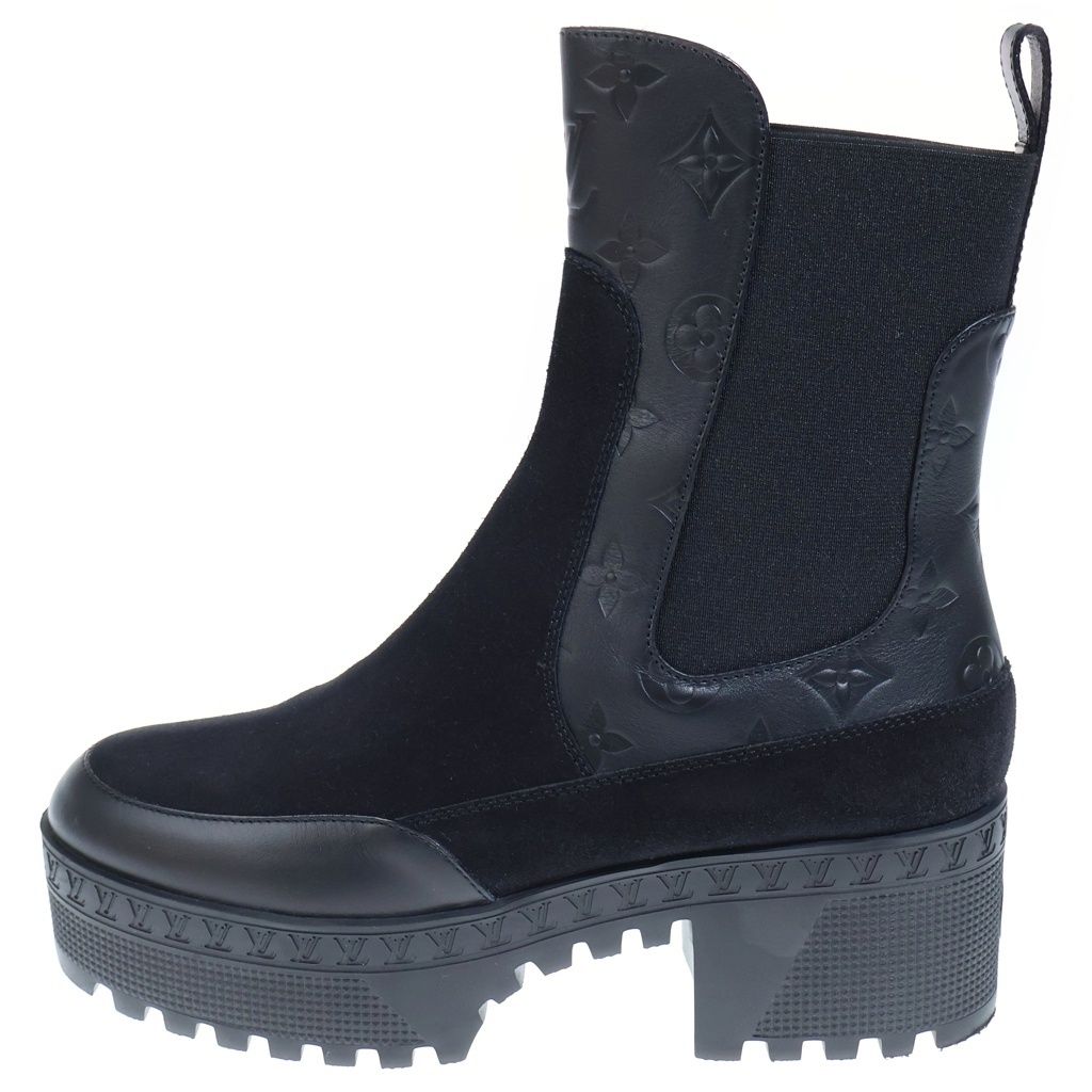 Louis Vuitton Laureate Line Monogram Leather Side Gore Heels Short Boots Black