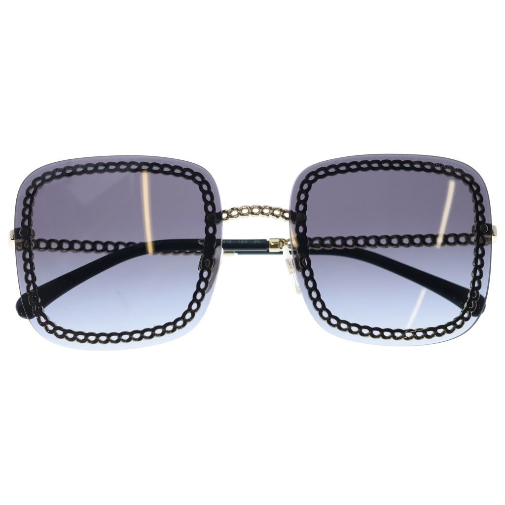 Chanel CC Logo Square Chain Sunglasses Gold Frame Gradient Lens Black Eyewear