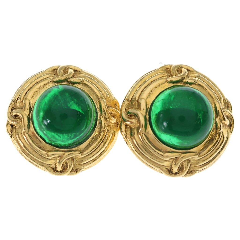 Chanel Green Stone Earrings Gold