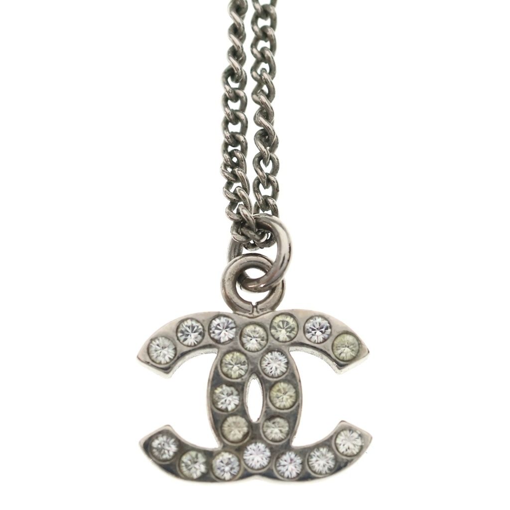 Chanel CC Logo Rhinestone Silver Pendant Chain — view 3