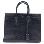 Saint Laurent Paris Embossed Croco Handbag Black Leather Silver