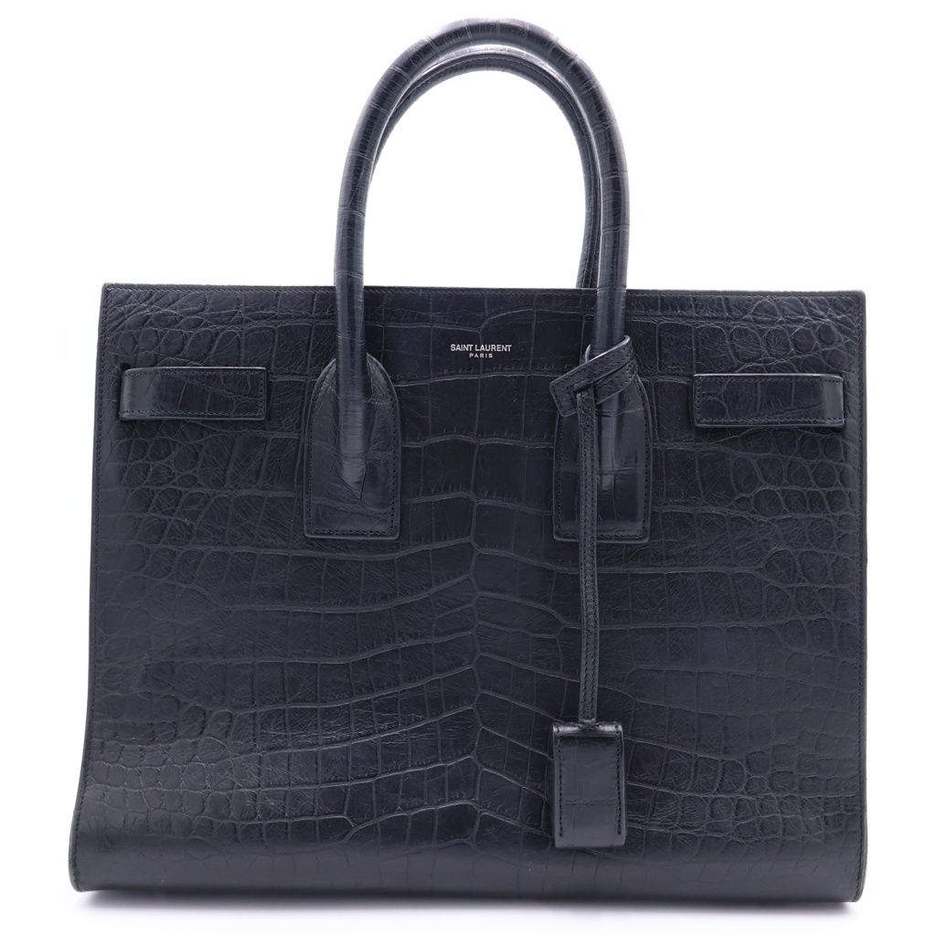 Saint Laurent Paris Embossed Croco Handbag Black Leather Silver