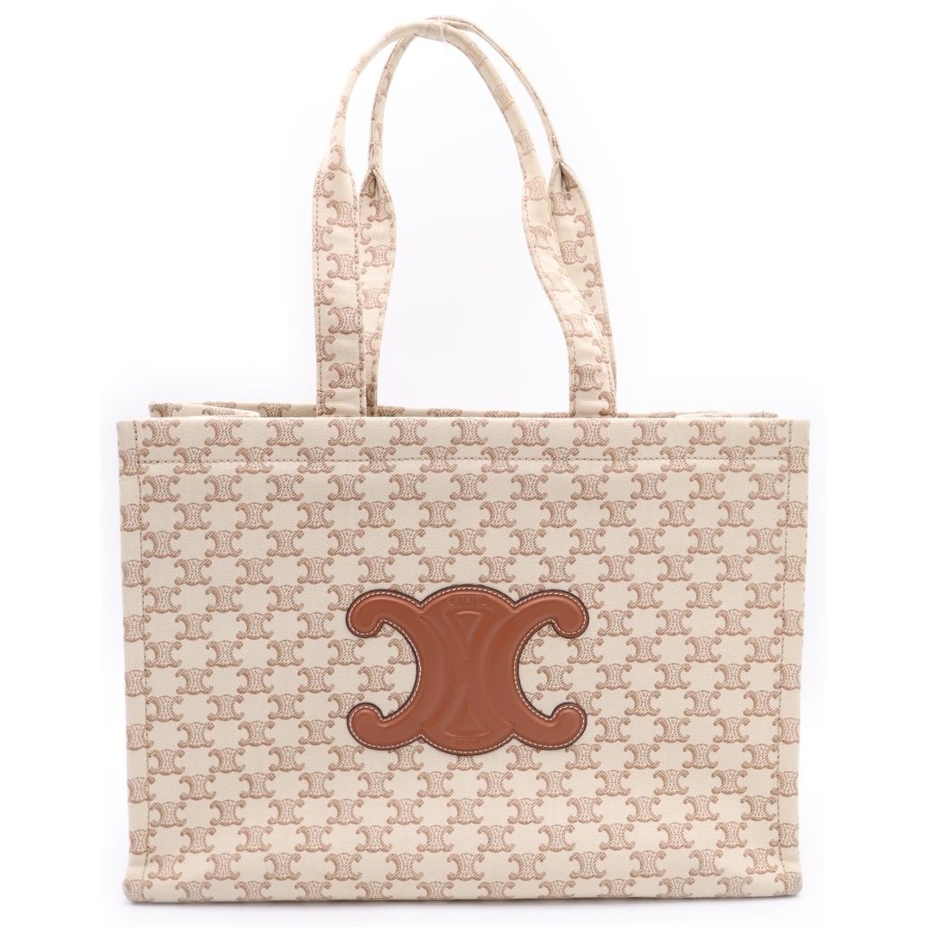 Celine Cabas Thais Large Triomphe Canvas Leather Tote Beige