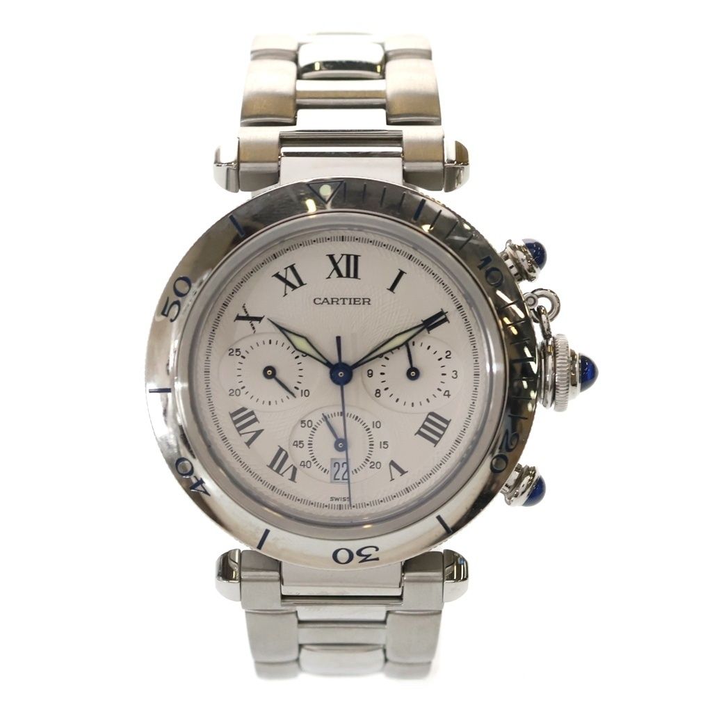 Cartier Pasha 38 Chronograph SS Quartz Stainless Steel Date Watch White Dial