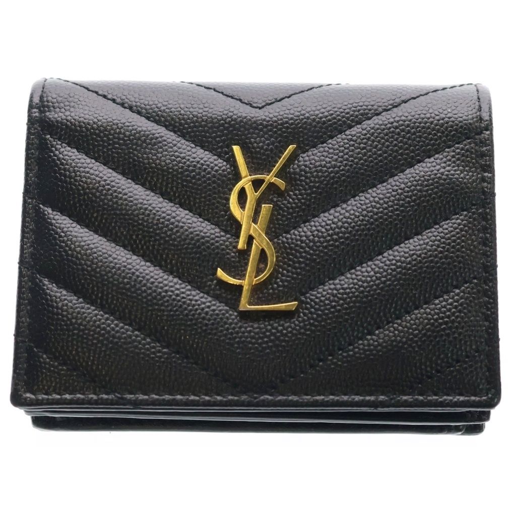 Saint Laurent Paris Cassandra Bifold Wallet Compact Coin Case Black Leather Gold