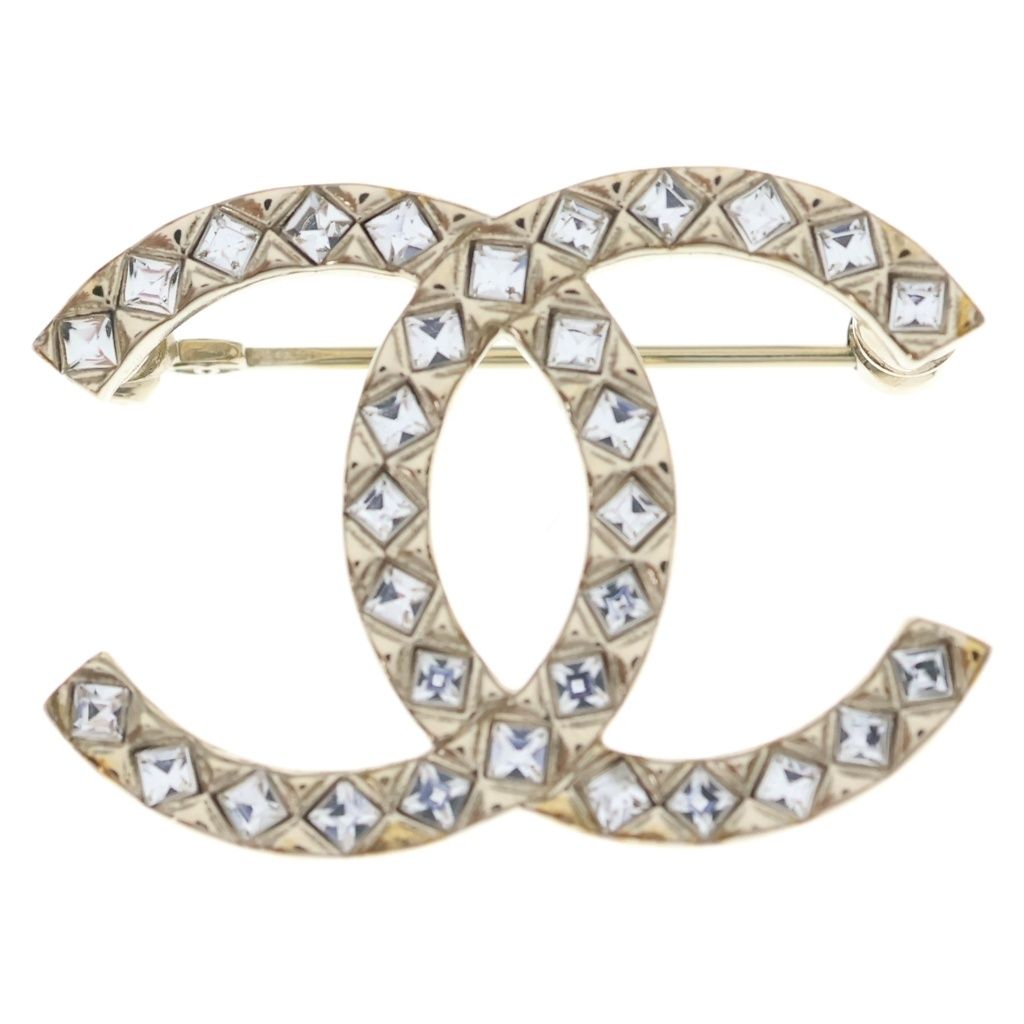 Chanel CC Logo Brooch Pin Badge Rhinestone Gold