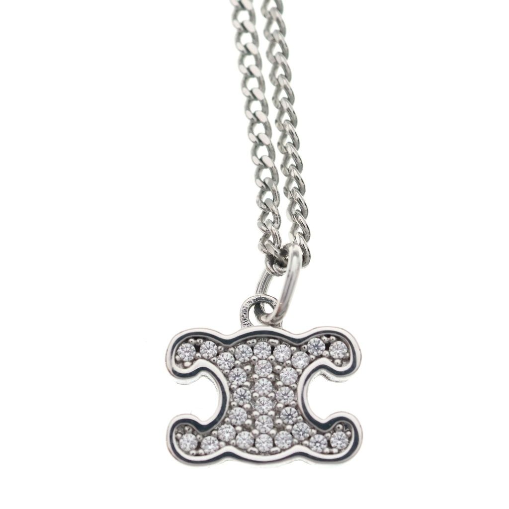 Celine Triomphe Rhinestone Pendant Chain Silver — view 3