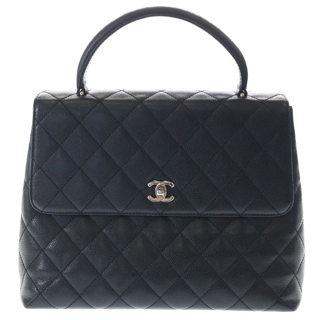 Chanel Quilted Top Handle 30 Caviar Leather Silver Turnlock Handbag Black