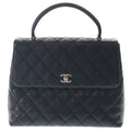 Chanel Quilted Top Handle 30 Caviar Leather Silver Turnlock Handbag Black