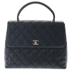 Chanel Quilted Top Handle 30 Caviar Leather Silver Turnlock Handbag Black
