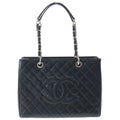 Chanel Quilted Grand Shopping Tote GST Caviar Leather Silver Chain Black