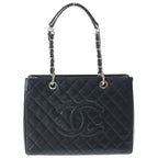 Chanel Quilted Grand Shopping Tote GST Caviar Leather Silver Chain Black