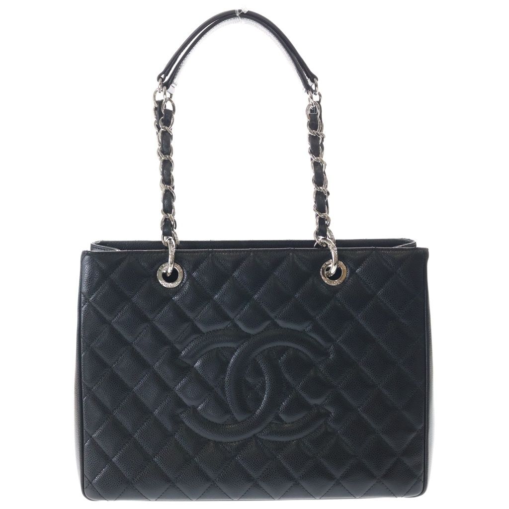 Chanel Quilted Grand Shopping Tote GST Caviar Leather Silver Chain Black