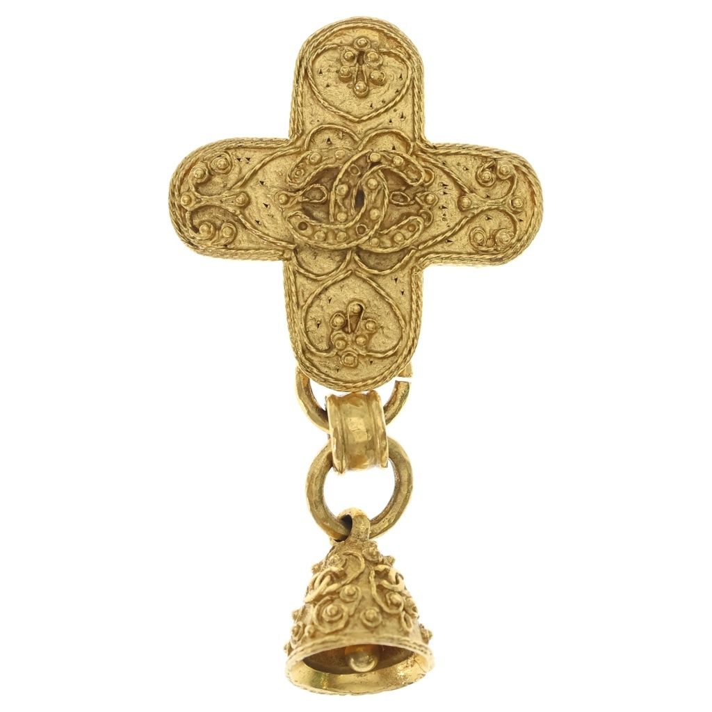 Chanel CC Logo Bell Cross Motif Brooch Gold