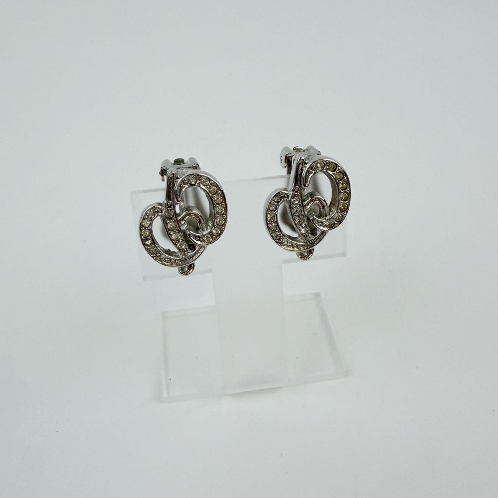 Dior Knot Motif Earrings Plated Rhinestone Silver Vintage