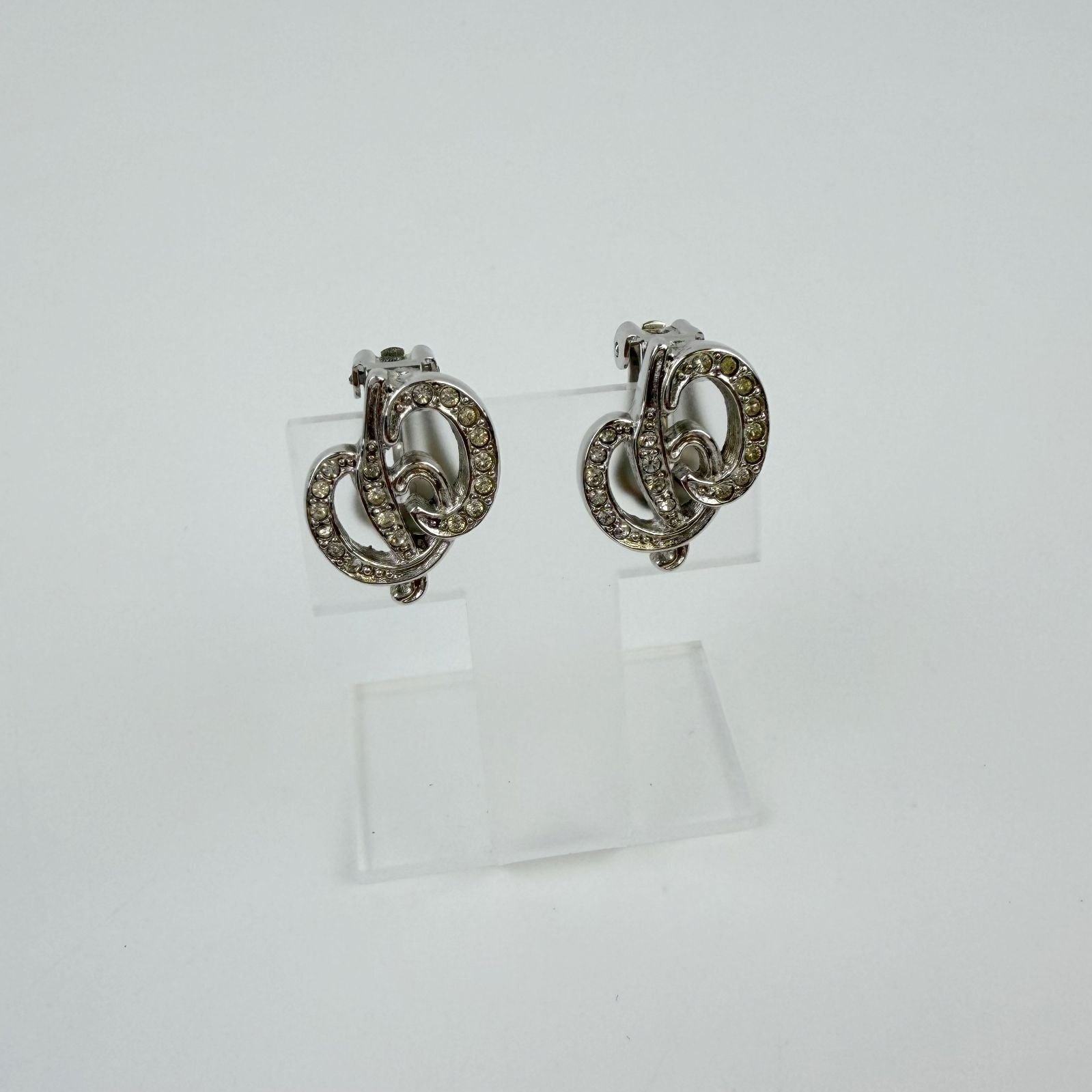 Dior Knot Motif Earrings Plated Rhinestone Silver Vintage