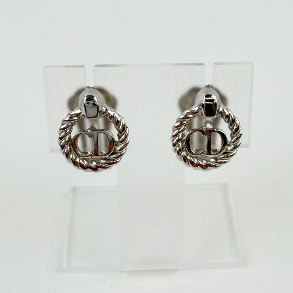 Dior CD Logo Rope Motif Earrings Plated Silver Vintage