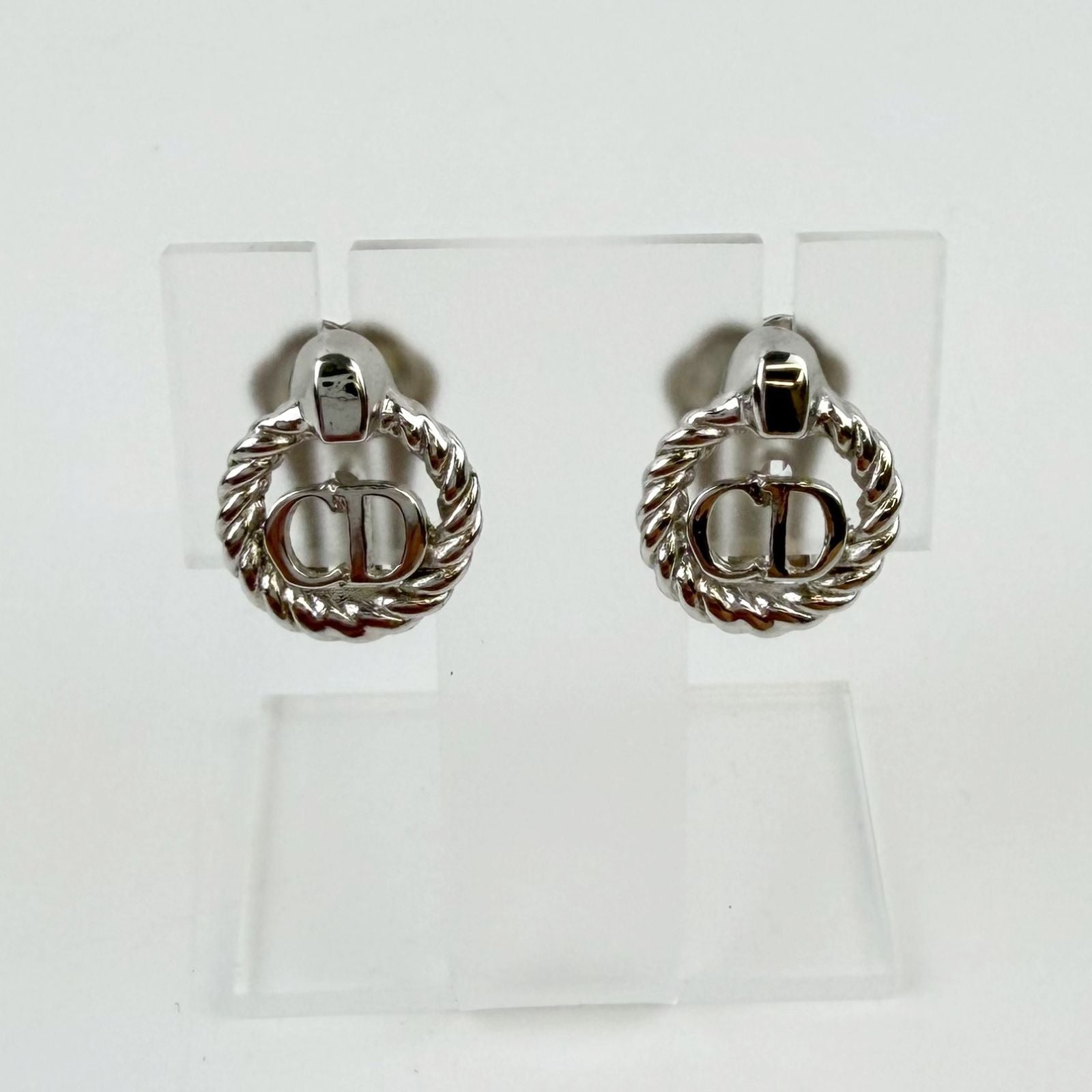 Dior CD Logo Rope Motif Earrings Plated Silver Vintage