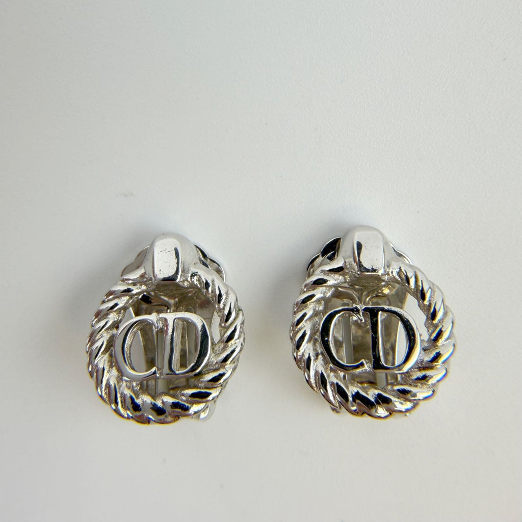 Dior CD Logo Rope Motif Earrings Plated Silver Vintage — view 2