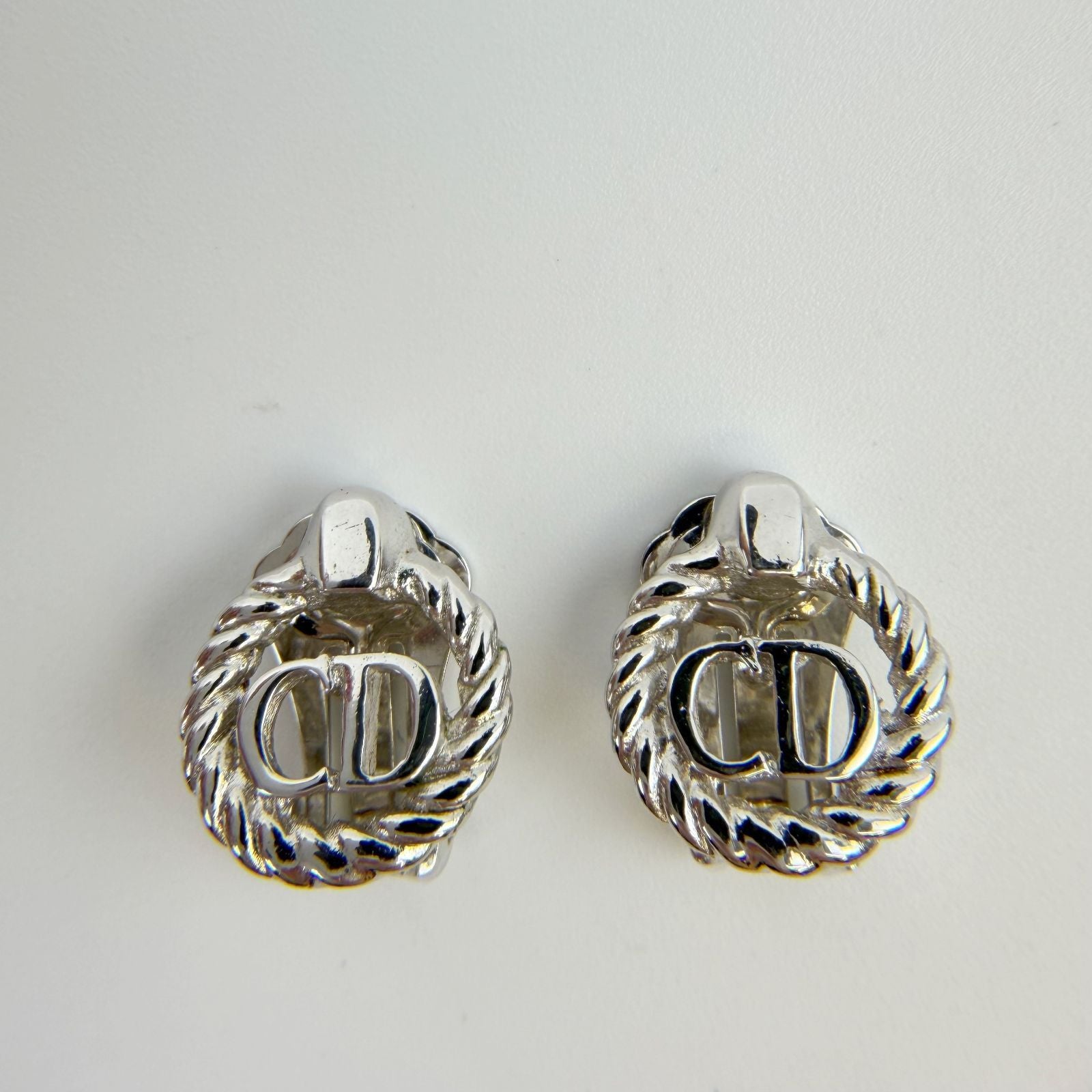 Dior CD Logo Rope Motif Earrings Plated Silver Vintage — view 2