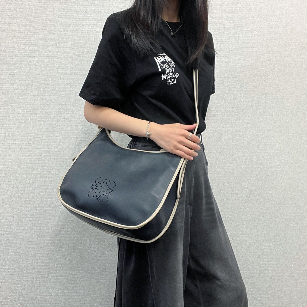 Loewe Anagram Leather Shoulder Bag Navy Beige Vintage