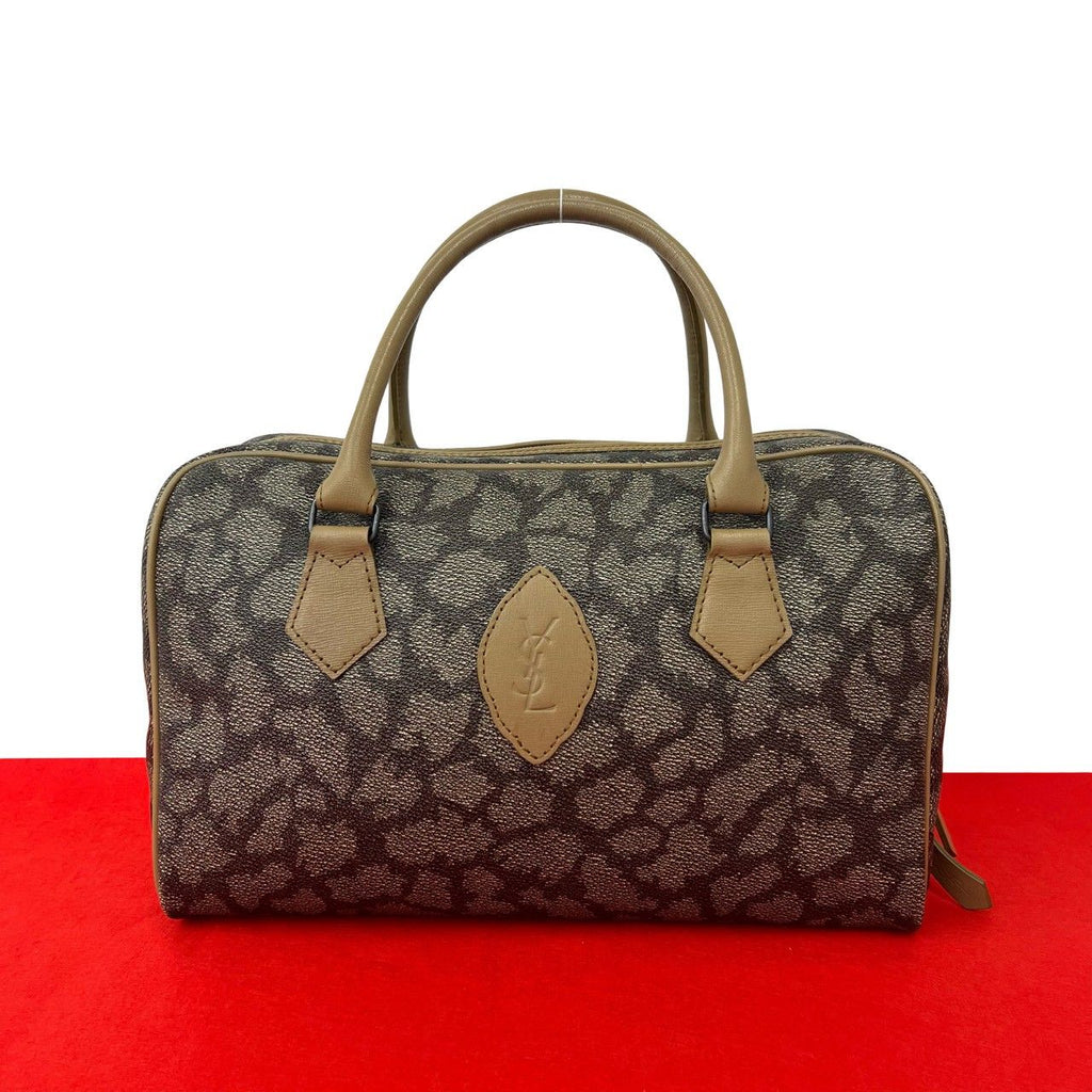 Saint Laurent YSL Logo Giraffe Pattern Leather Boston Bag Beige Brown