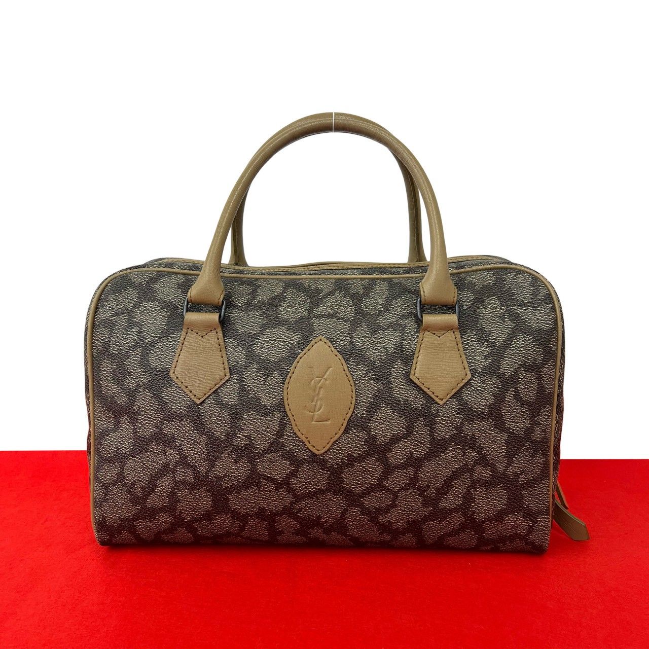 Saint Laurent YSL Logo Giraffe Pattern Leather Boston Bag Beige Brown