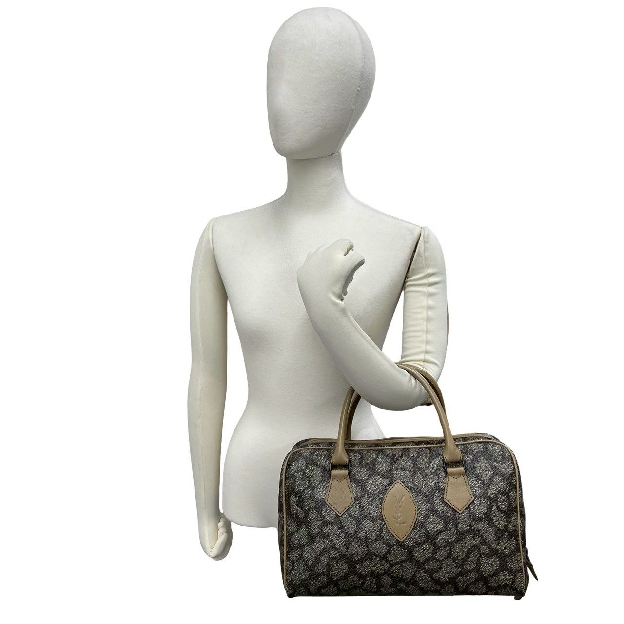 Saint Laurent YSL Logo Giraffe Pattern Leather Boston Bag Beige Brown — view 2