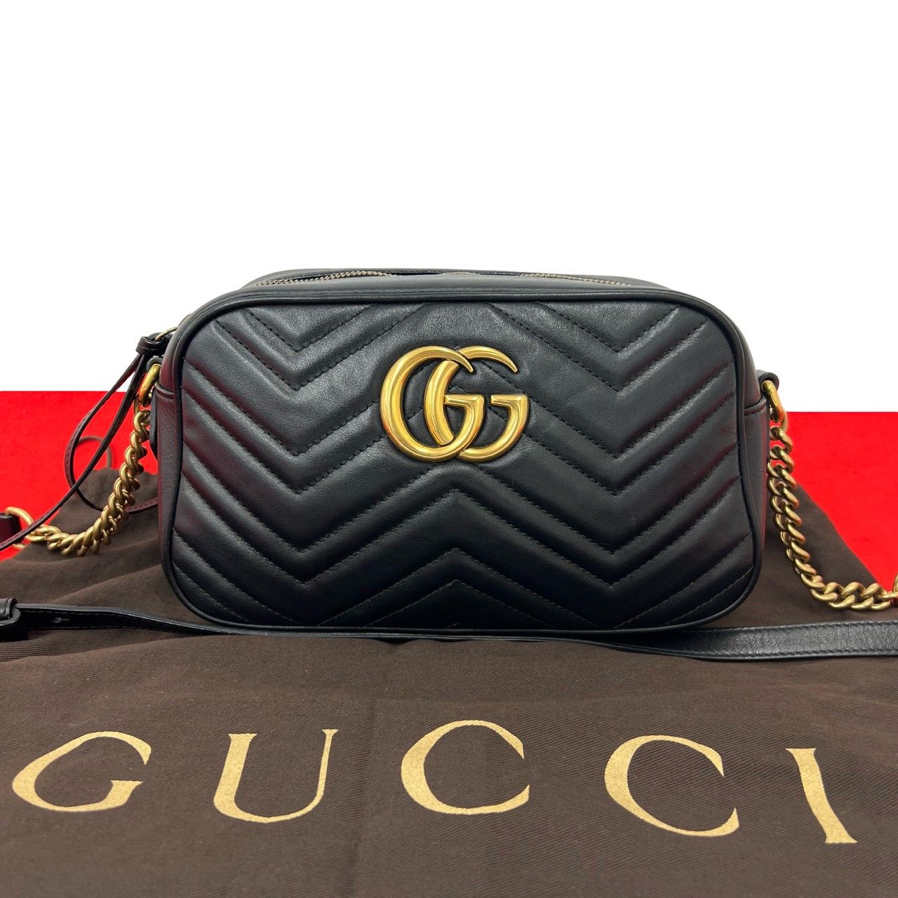 Gucci GG Marmont Logo Quilted Leather Chain Shoulder Bag Pochette Black