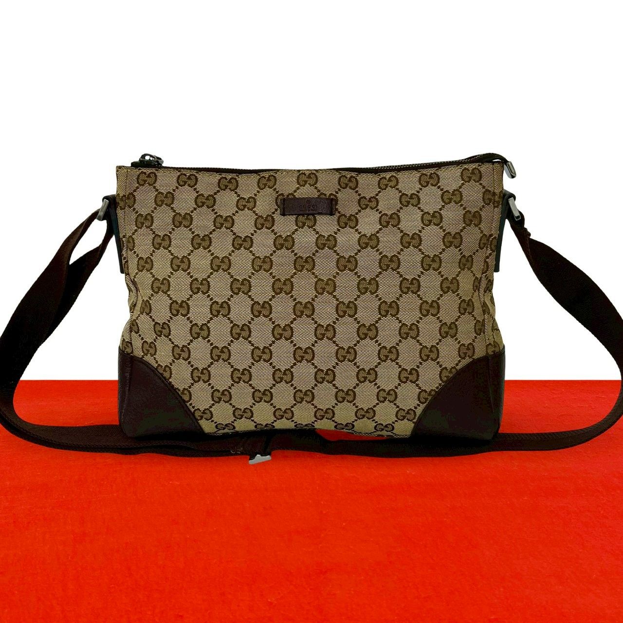 Gucci GG Canvas Pattern Logo Shoulder Bag Pochette Crossbody Brown
