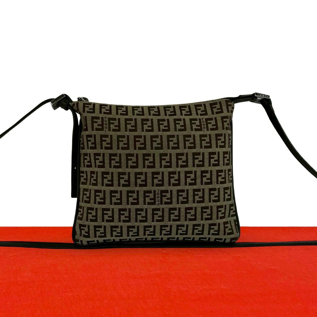 Fendi Zucchino FF Pattern Canvas Leather Shoulder Bag Crossbody Pochette Brown
