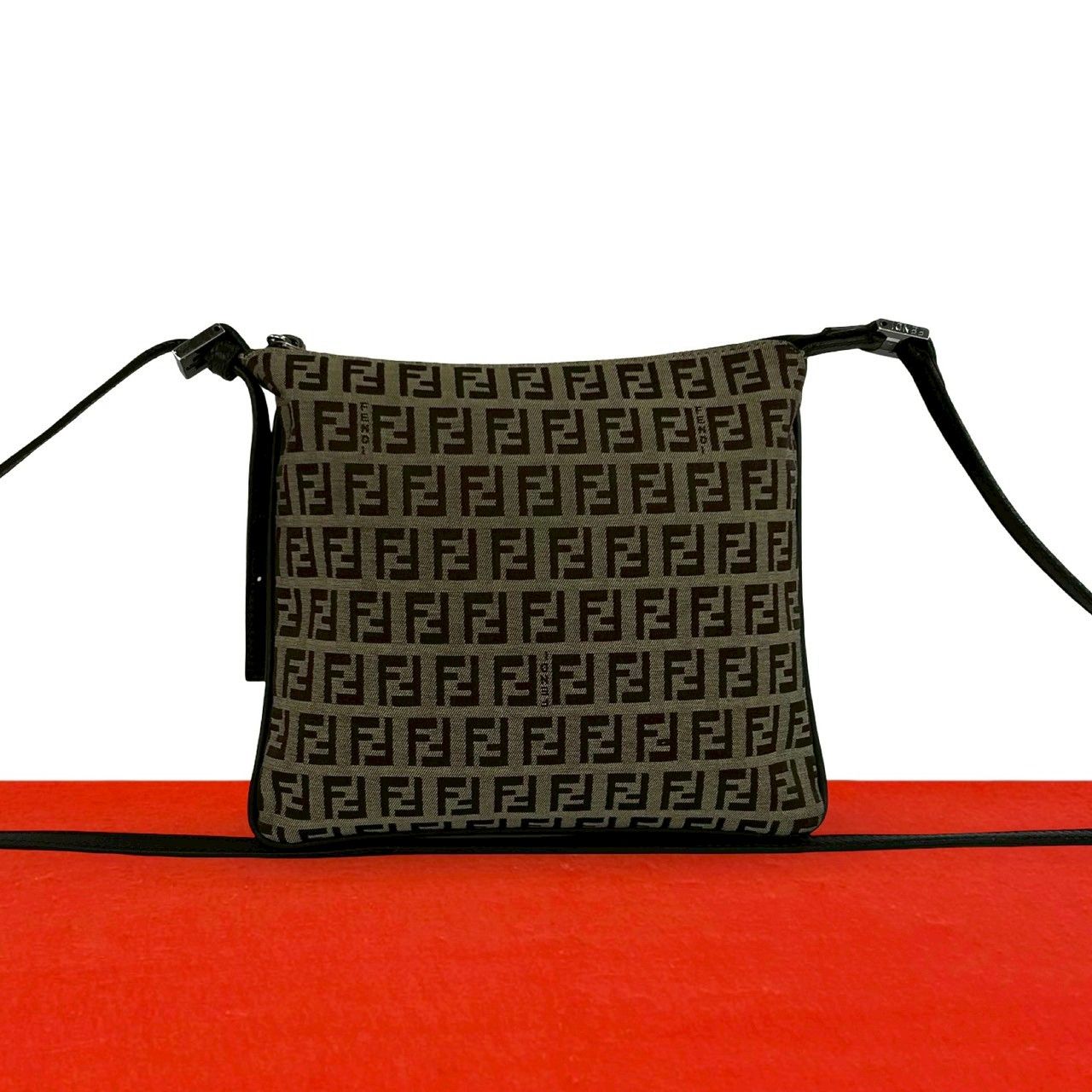 Fendi Zucchino FF Pattern Canvas Leather Shoulder Bag Crossbody Pochette Brown