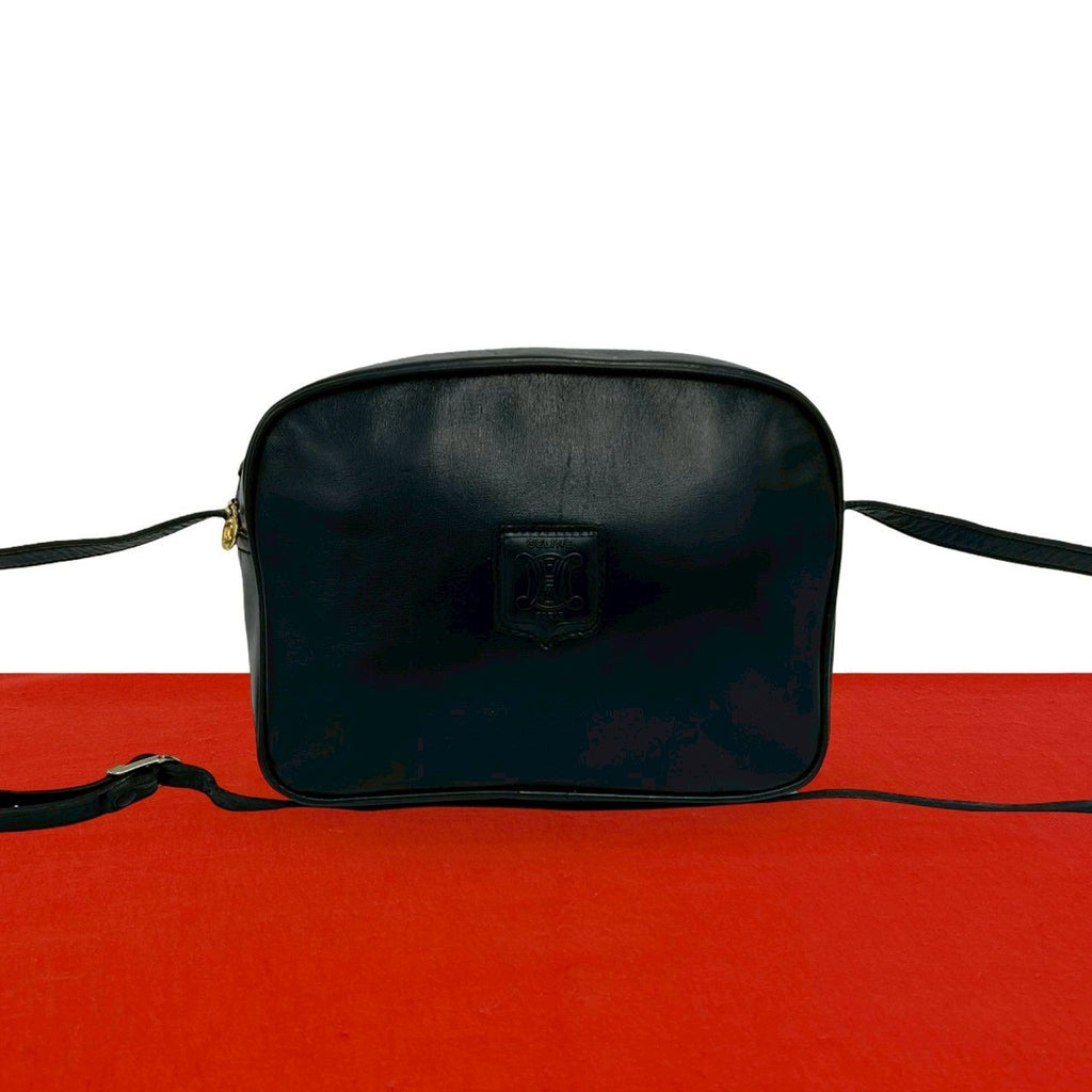Celine Vintage Triomphe Logo Leather Shoulder Bag Pochette Crossbody Black