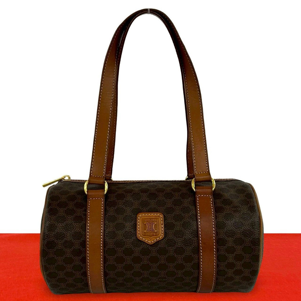 Celine Vintage Magadam Blason Triomphe Pattern Leather Mini Boston Bag Brown