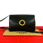 Celine Vintage Circle Logo Leather Shoulder Bag Pochette Crossbody Black