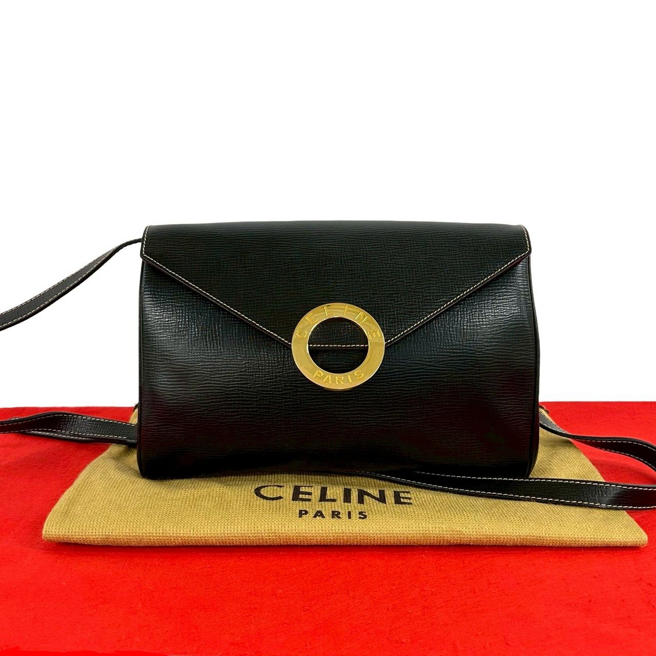 Celine Vintage Circle Logo Leather Shoulder Bag Pochette Crossbody Black