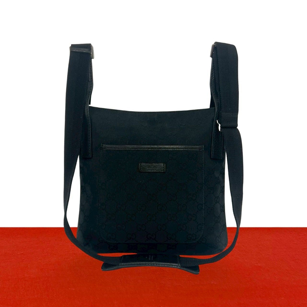 Gucci GG Logo Pattern Canvas Leather Shoulder Bag Crossbody Pochette Cross Navy