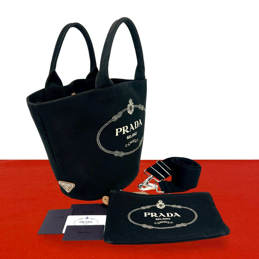 Prada Canapa Logo Canvas 2-Way Tote Shoulder Bag Bucket Black