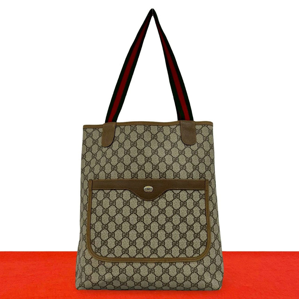 Gucci Vintage Sherry Line GG Logo Leather Tote Brown