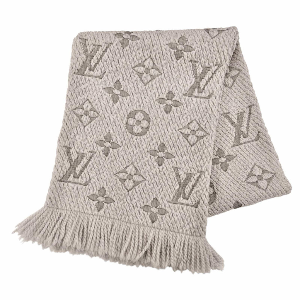 Louis Vuitton Echarpe Logo Mania Wool Silk Scarf with Fringe Gray