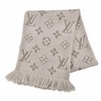 Louis Vuitton Echarpe Logo Mania Wool Silk Scarf with Fringe Gray