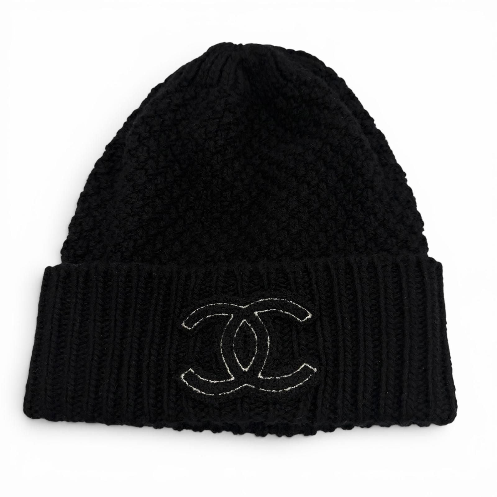 Chanel Cashmere CC Logo Hat Knit Cap Black